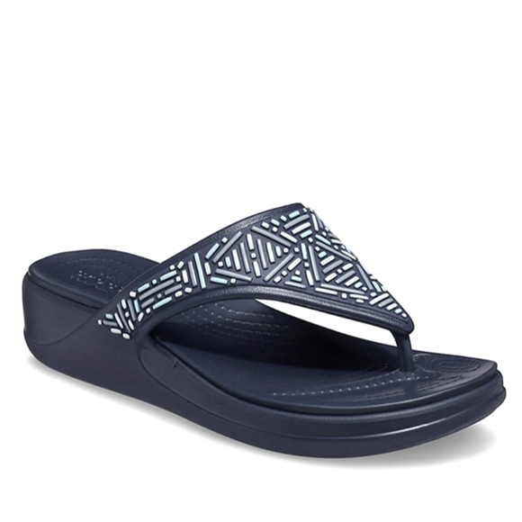 Crocs Womens Monterey Beaded Diamante Slip On Wedge Toe Post Slide Sandal Navy 7 - Picture 1 of 10